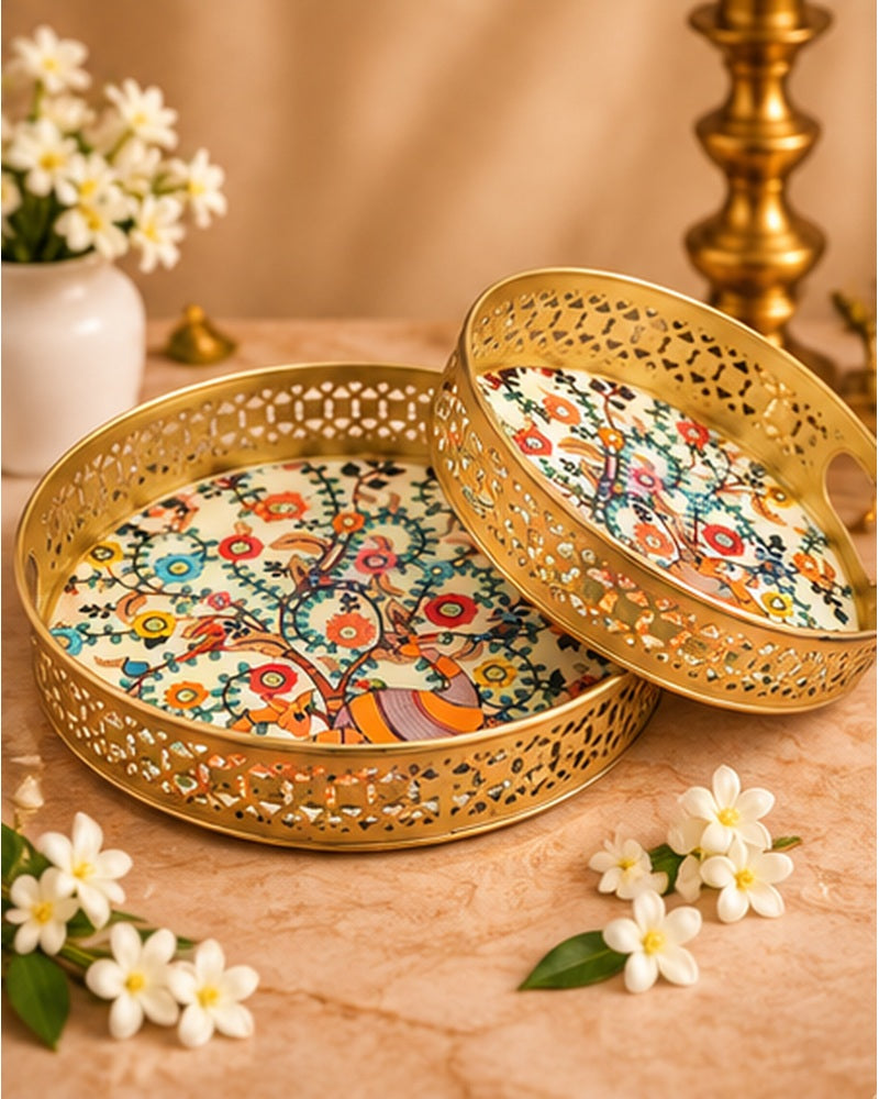 Set of two floral jaali trays styled with flowers