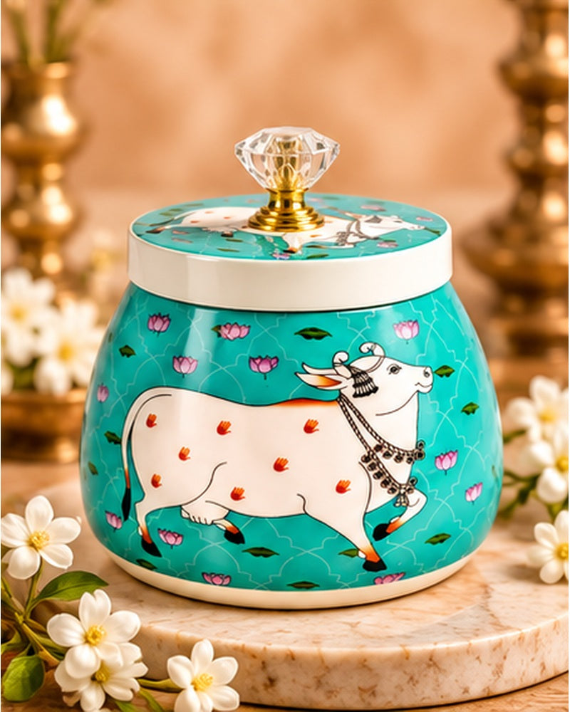 Pichwai art jar, Turquoise Cow & Lotus, styled with jasmine flowers
