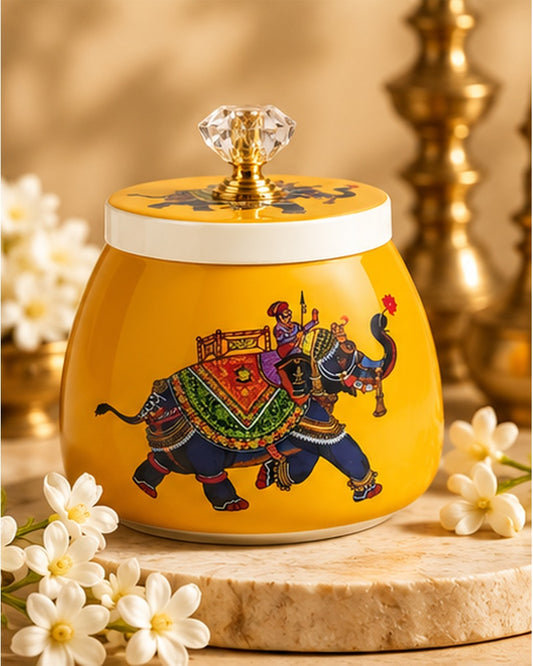Pichwai art jar, Yellow Royal Elephant, styled with flowers and brass lamps
