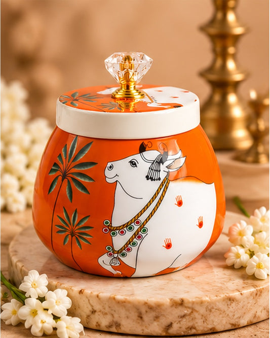 Pichwai art jar, Orange Cow, styled with flowers and brass lamps