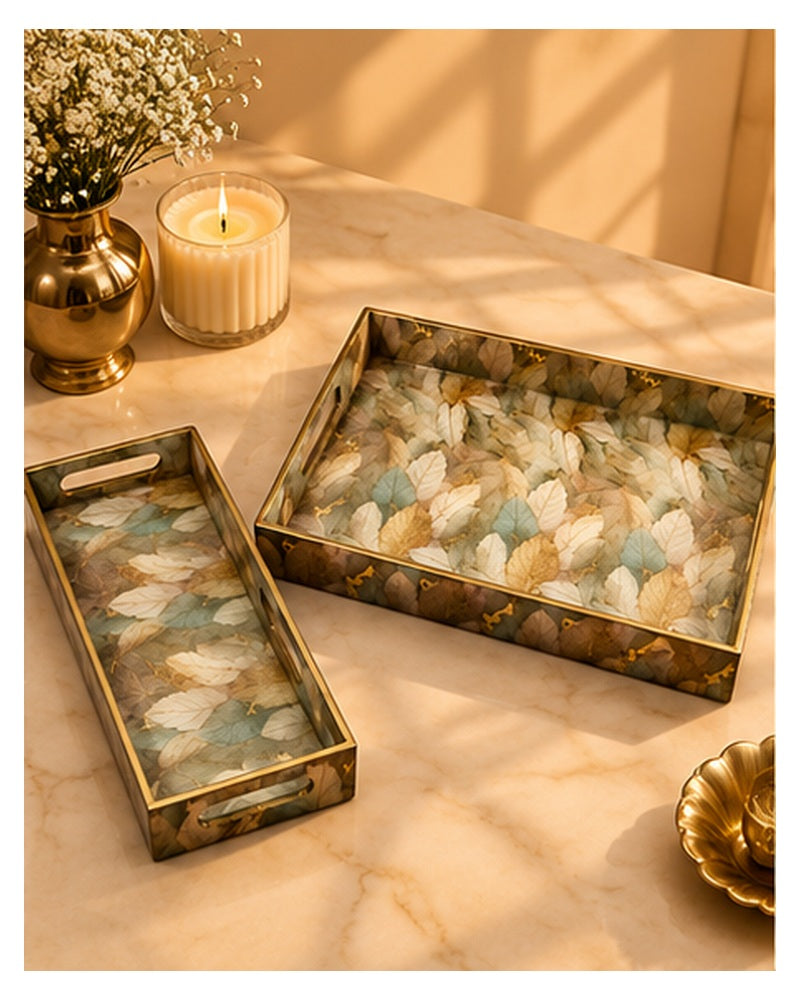 Feather print tray set with box, styled in a warm festive setting