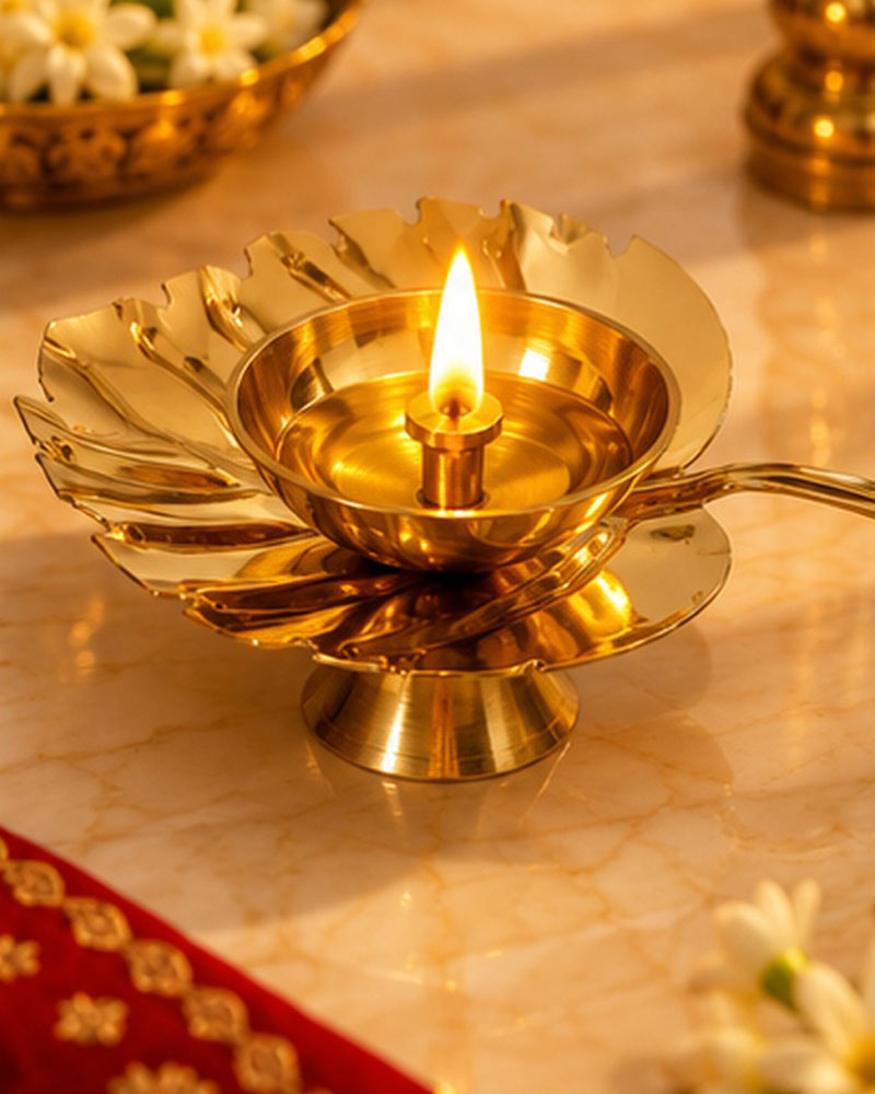 Brass Leaf Diya on Stand