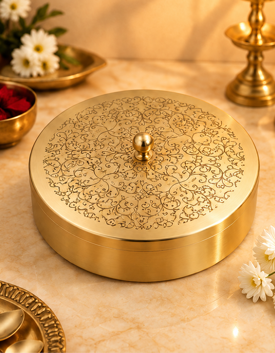 Engraved brass masala dabba with floral lid on a marble kitchen counter