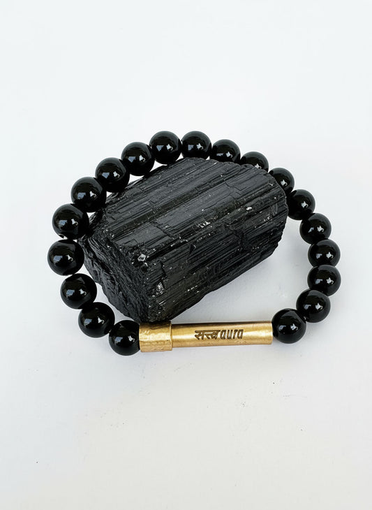 Black Tourmaline Protection Crystal Bracelet with Manifestation Lock