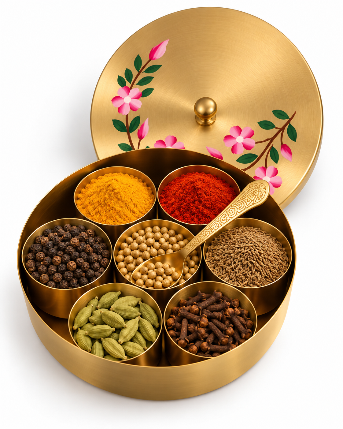 Floral brass masala dabba open with seven bowls of spices and a spoon