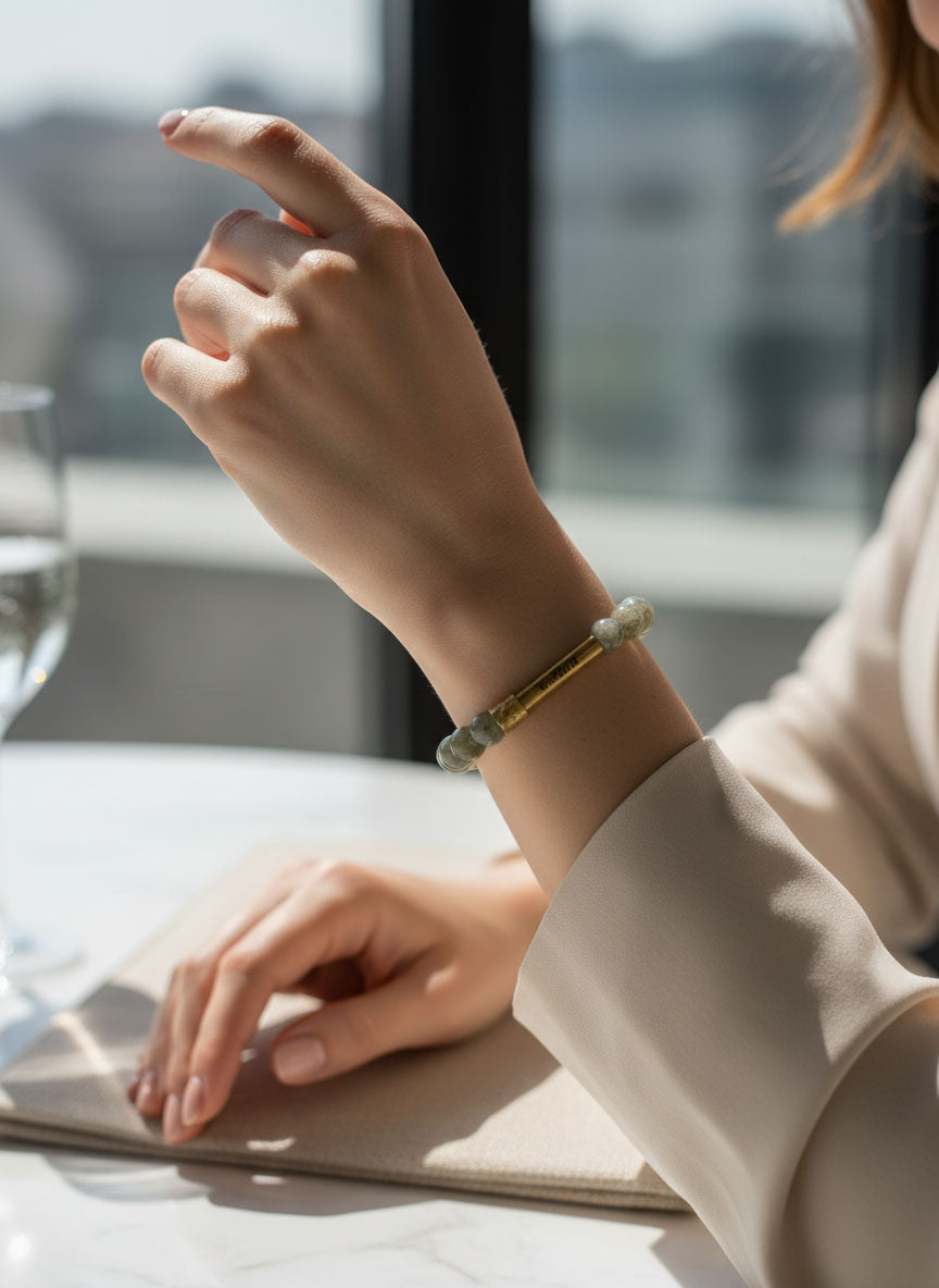 Labradorite stone bracelet worn on wrist