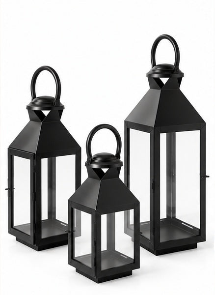 Black lanterns with glass panels set of 3, front view