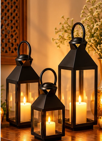Black lanterns with glass panels set of 3, alternate view