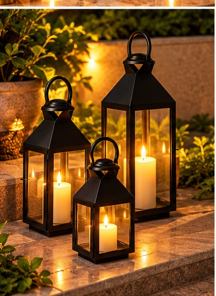 Black lanterns with glass panels set of 3, close-up detail