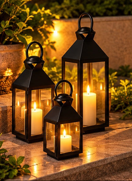 Black lanterns with glass panels set of 3, close-up detail