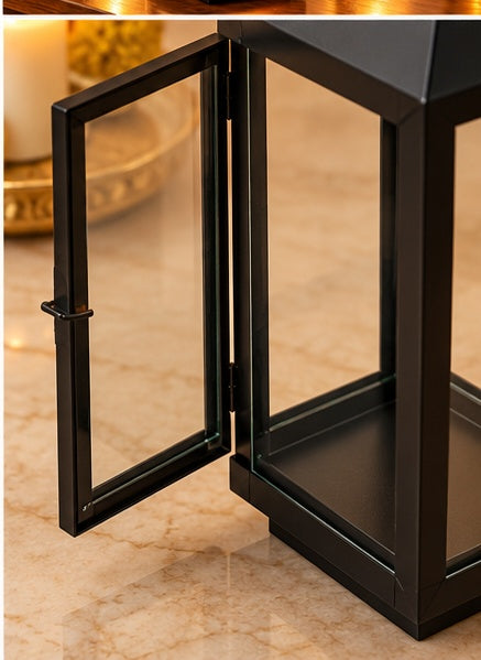 Black lanterns with glass panels set of 3, styled view