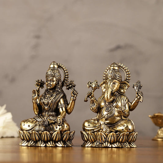Brass Superfine Ganesha Lakshmi Idols - front view