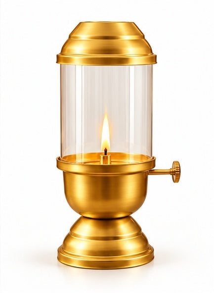 Brass akhand diya with glass chimney, front view