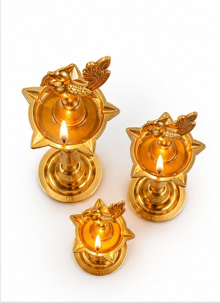 Brass peacock samai diya stands set of 3, alternate view