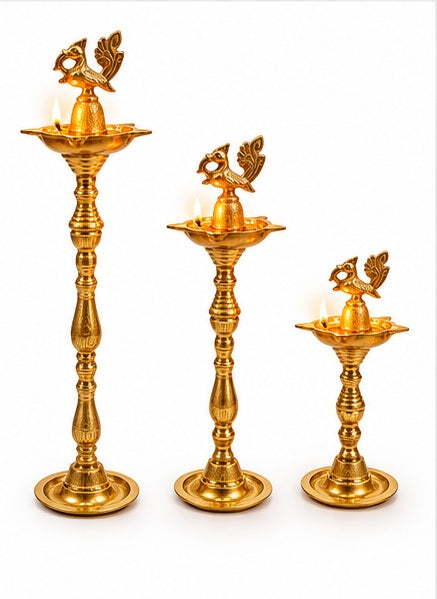 Brass peacock samai diya stands set of 3, close-up detail