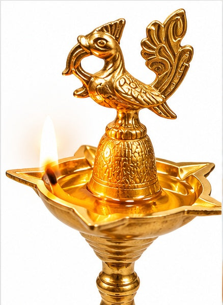 Brass peacock samai diya stands set of 3, close-up detail