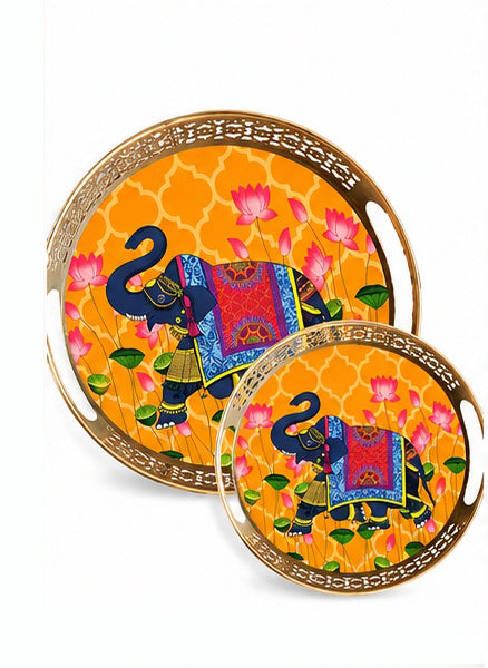 Yellow Pichwai elephant round trays set of 2, front view
