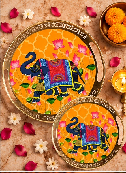 Yellow Pichwai elephant round trays set of 2, alternate view