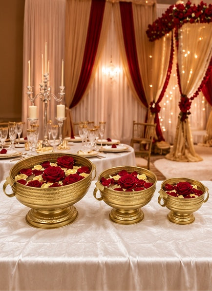Hammered gold urli bowls set of 3, styled in a festive setting