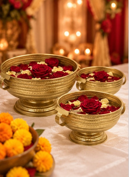 Hammered gold urli bowls set of 3, styled view