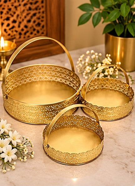 Gold jaali basket trays set of 3, styled in a festive setting