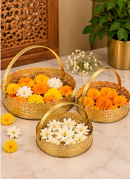 Gold jaali basket trays set of 3, styled view