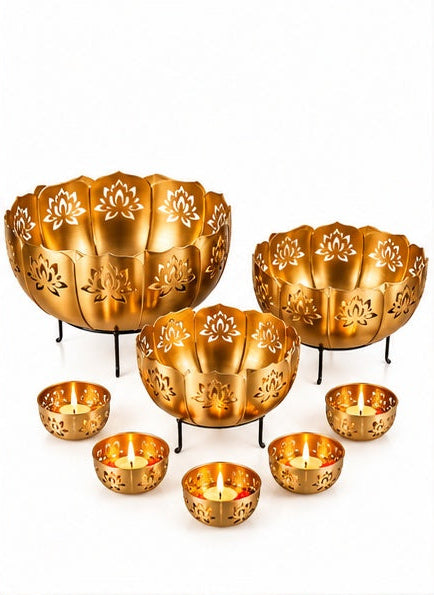 Lotus cut-work gold urli set with votives, front view