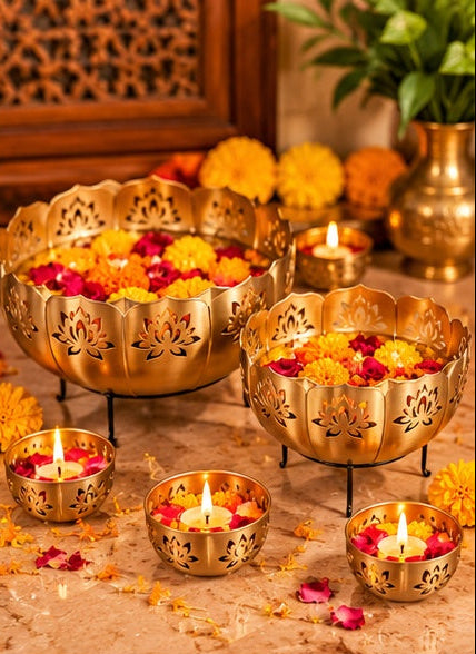 Lotus cut-work gold urli set with votives, alternate view