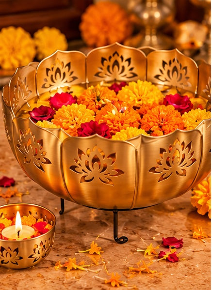 Lotus cut-work gold urli set with votives, close-up detail