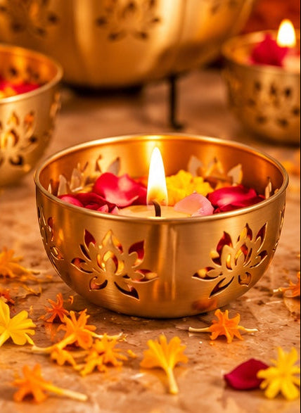 Lotus cut-work gold urli set with votives, styled view