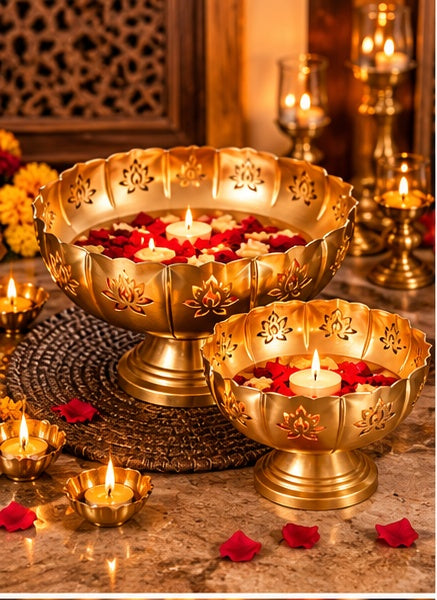 Lotus cut-work gold footed bowls set of 3, styled in a festive setting