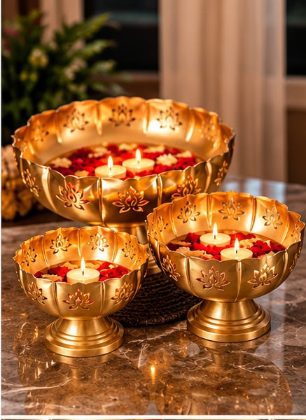 Lotus cut-work gold footed bowls set of 3, alternate view