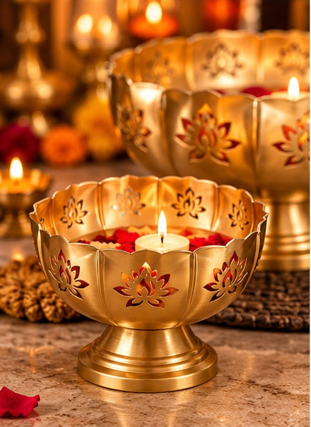 Lotus cut-work gold footed bowls set of 3, close-up detail