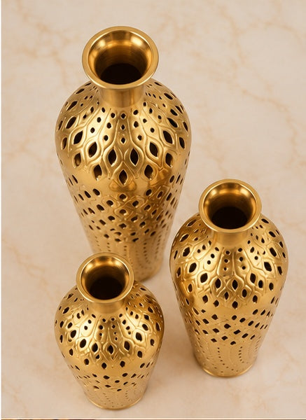 Perforated gold vases set of 3, alternate view