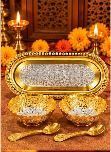 Gold and silver dry fruit bowl set with oval tray and spoons