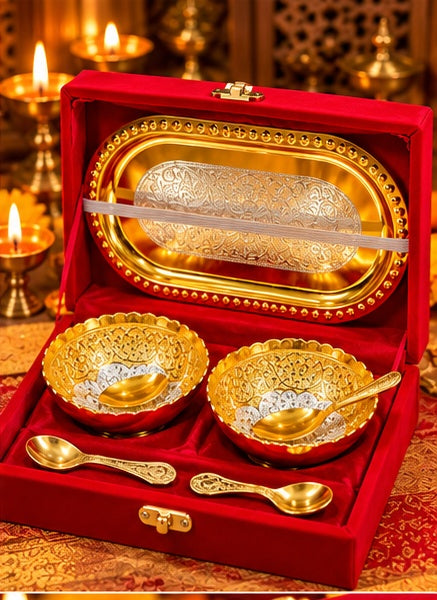 Gold and silver dry fruit bowl set with oval tray and spoons