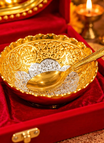 Gold and silver dry fruit bowl set with oval tray and spoons