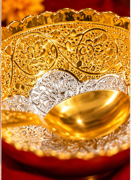 Gold and silver dry fruit bowl set with oval tray and spoons