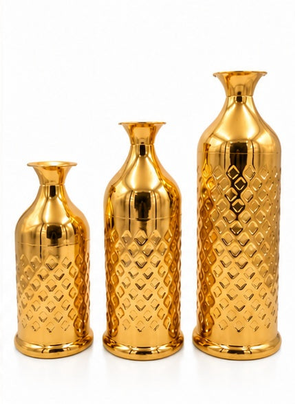 Diamond cut gold bottle vases set of 3, front view