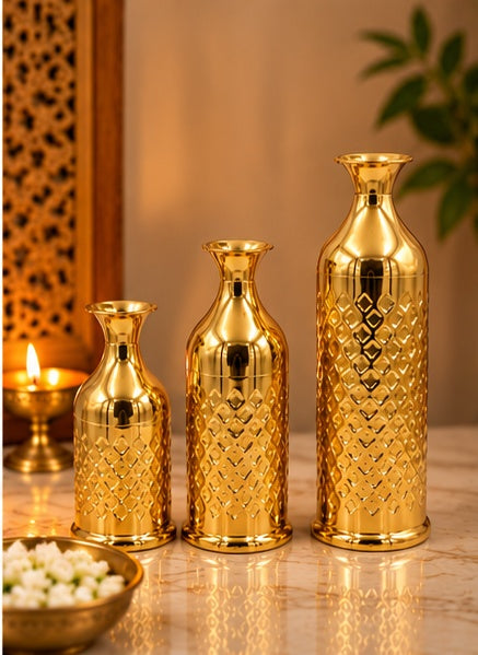 Diamond cut gold bottle vases set of 3, styled view