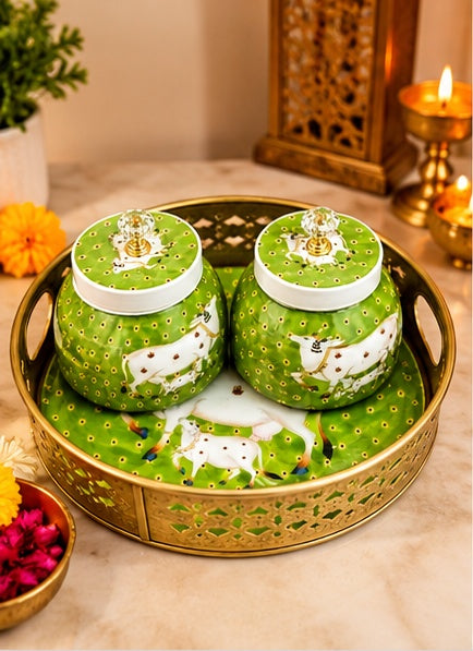 Pichwai cow jars set of 2 with round tray, Green, styled in a festive setting