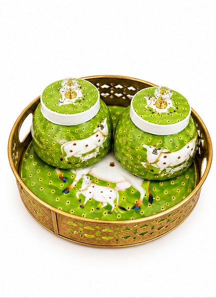 Pichwai cow jars set of 2 with round tray, Green, front view