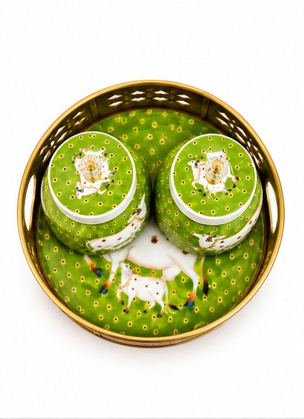 Pichwai cow jars set of 2 with round tray, Green, alternate view