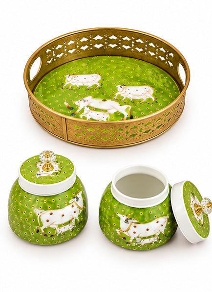 Pichwai cow jars set of 2 with round tray, Green, close-up detail