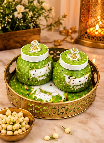 Pichwai cow jars set of 2 with round tray, Green, styled view