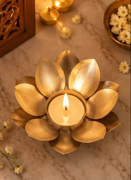 Gold lotus tealight holder, alternate view