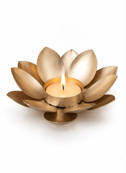 Gold lotus tealight holder, close-up detail