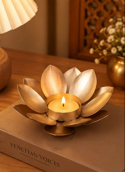 Gold lotus tealight holder, styled view