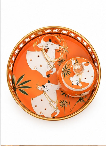Orange Pichwai cow basket tray with 2 jars, alternate view