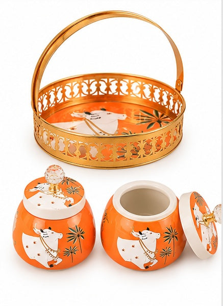 Orange Pichwai cow basket tray with 2 jars, close-up detail